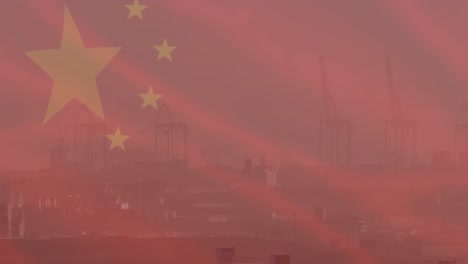 Animación-De-La-Bandera-De-China-Sobre-El-Paisaje-Urbano.