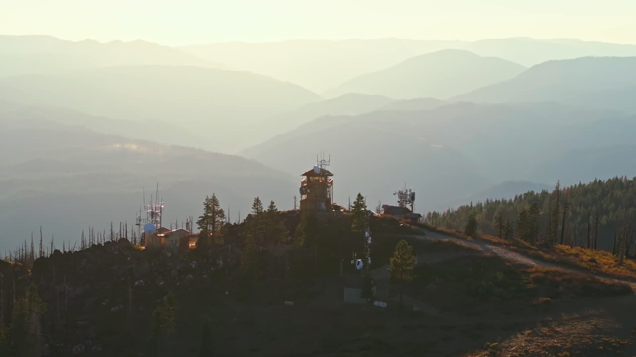 Aerial view of fire lookout tower in serene California, showcasing nature
