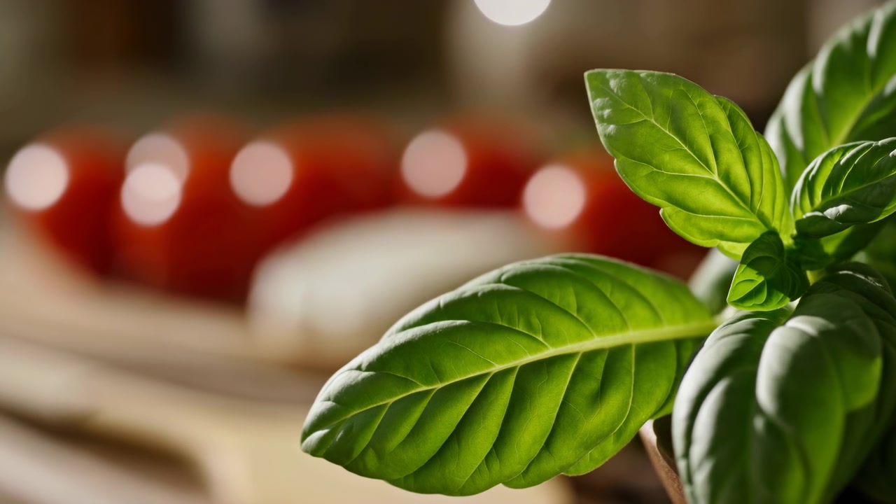 Foglie di basilico fresco in primo piano con pomodori rossi leggermente sfocati dietro, mostrate in luce calda interna con profondità di campo ridotta e ricchi colori naturali.