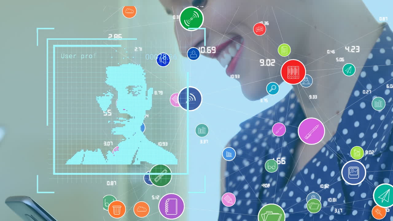 스마트 폰을 사용하는 백인 사업가 여성에 대한 아이콘 및 연결 네트워크의 애니메이션