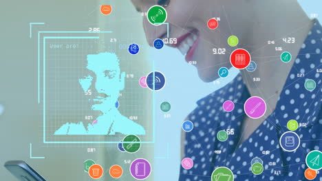 animación de iconos y red de conexiones a través de una mujer de negocios caucásica que usa un teléfono inteligente