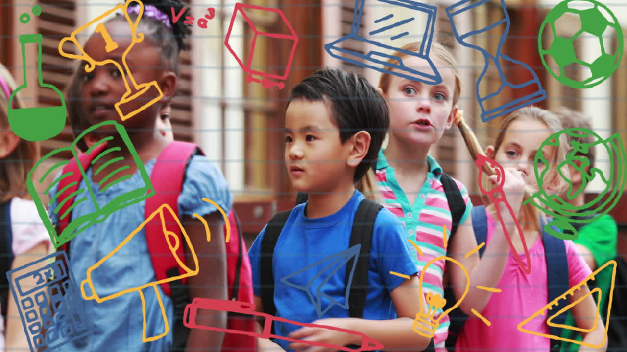 animación de iconos escolares sobre los escolares fuera de la escuela