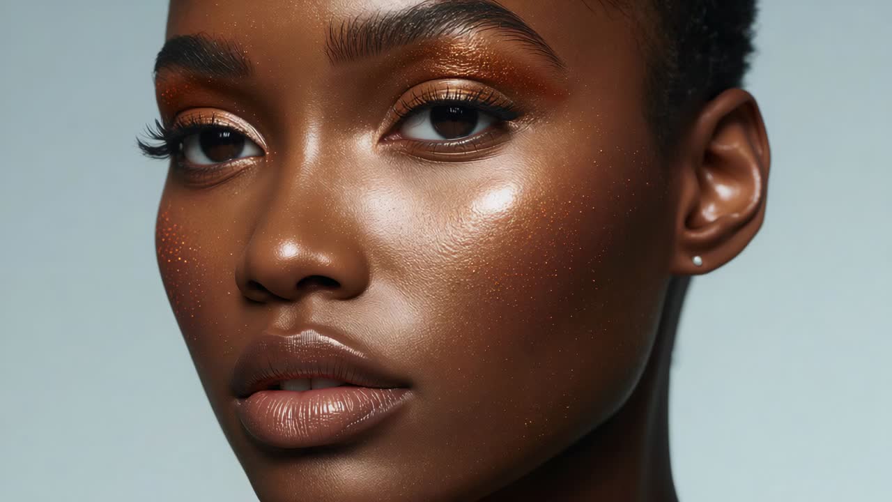 Ein Modell posiert, reagiert auf Kamerazeichen, schließt die Augen, lächelt und neigt den Kopf im Studio mit Lidschatten