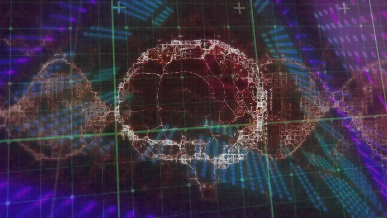 Animation of dna strand and human brain spinning over data processing with neon tunnel
