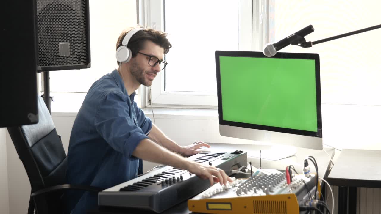 Young man in sound recording studio. Guy working with computer and music mixing console. Green digital screen. Workinng with professional music equipment. Playing on keyboard.