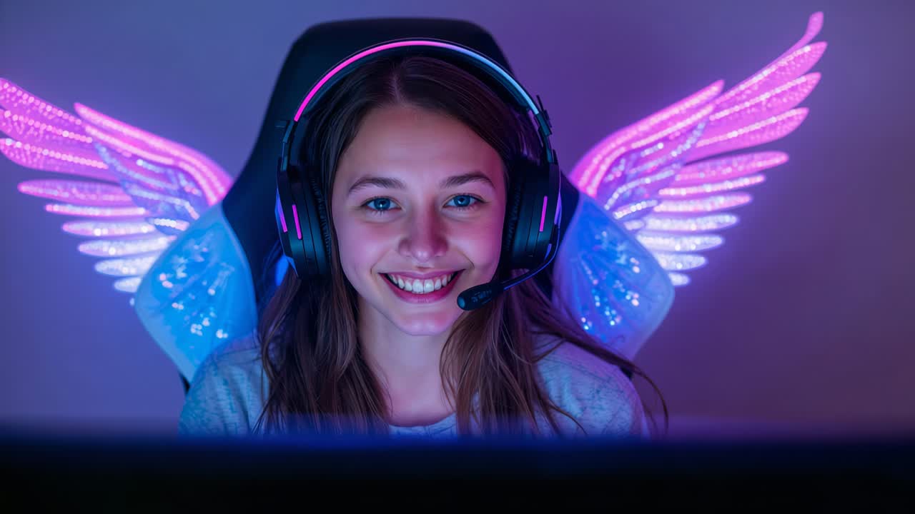 Streamer sorridente con maglione leggero che risponde a un messaggio sullo schermo alla scrivania, con cuffie e ali LED