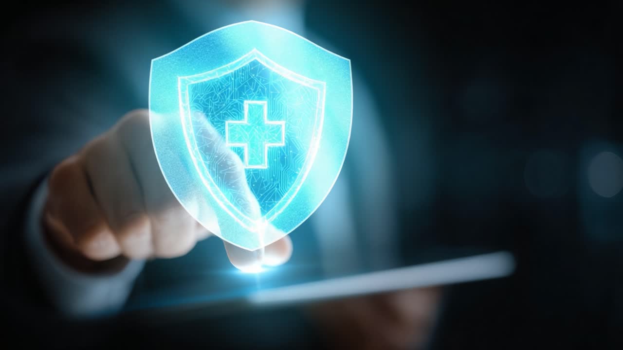Digital Health Protection: A Professional's Hand Touches a Glowing Shield Icon Symbolizing Security in Healthcare and Medical Data Management