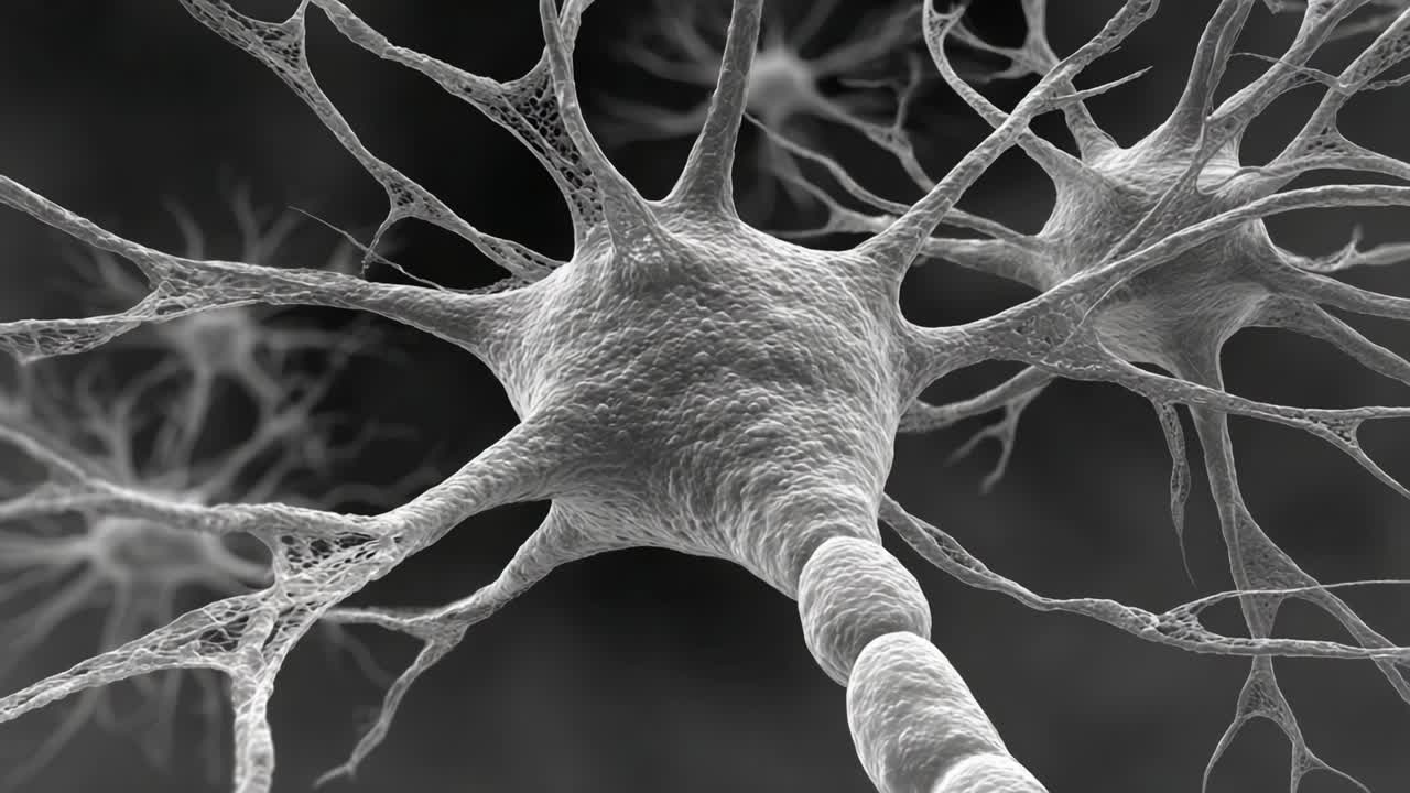 Detailed Close-Up of Neurons Depicting Complex Neural Networks in a High-Resolution Black and White Aesthetic, Showcasing the Intricacies of Neural Structures