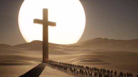 una enorme cruz de oro en el desierto con gente caminando hacia ella, y una gran animación 3d al atardecer