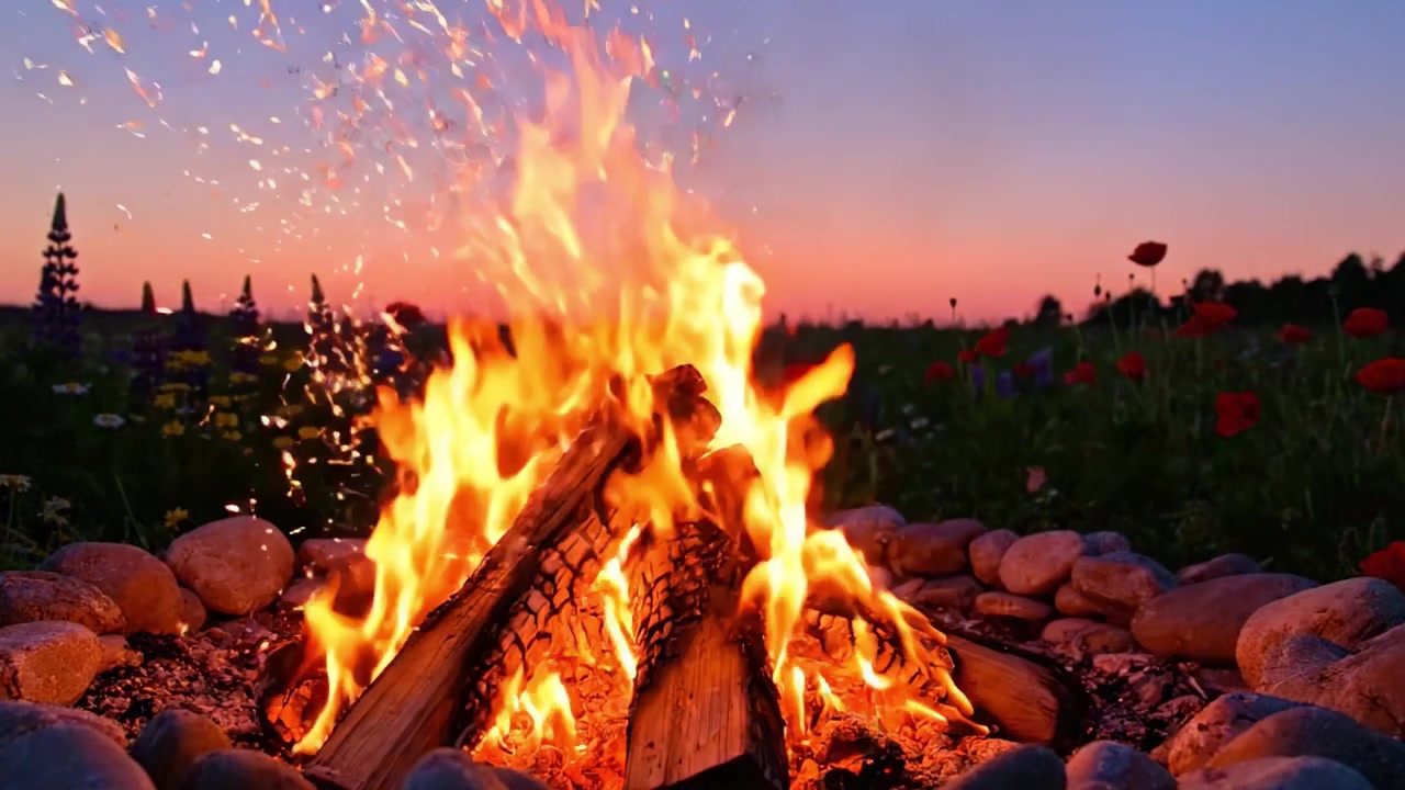Un falò sereno brilla intensamente tra fiori selvatici colorati al tramonto, creando un'atmosfera calda e invitante in un ambiente naturale idilliaco.