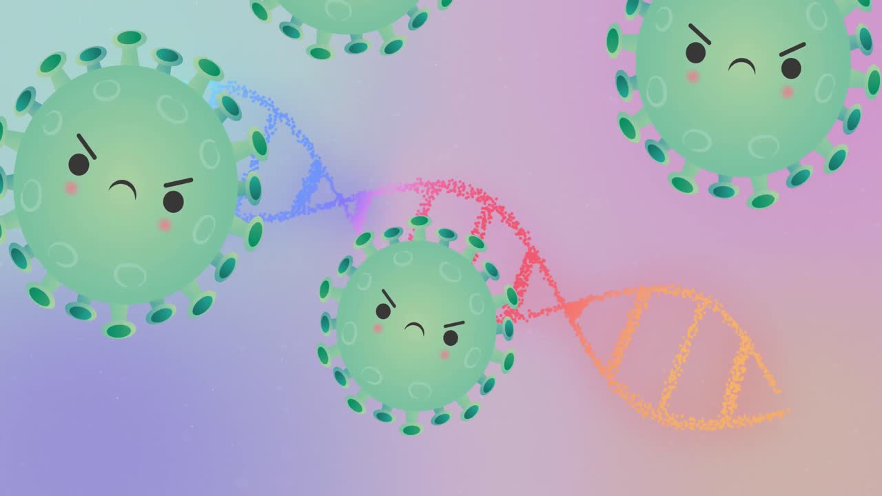 분노한 코로나 19 세포가 움직이고 dna 가닥이 회전하는 애니메이션