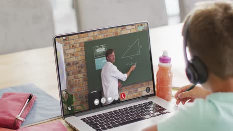 composición de un escolar caucásico en una computadora portátil aprendiendo en línea con un maestro caucásico