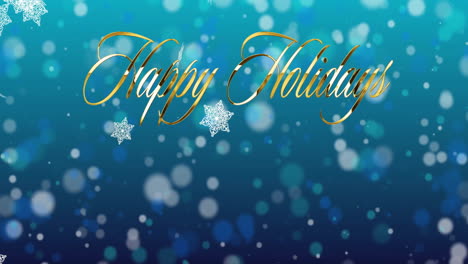 happy holidays text animation over blue bokeh background, festive and cheerful scene