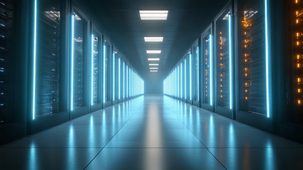 Et indblik i en futuristisk datacentralkorridor med neonbelysning, der fremviser rækker af serverracks og skaber en højteknologisk atmosfære af digital forbindelse.