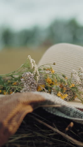 primer plano de un sombrero de sol y flores silvestres descansando en una manta sobre una bala de heno, con un fondo de enfoque suave de un campo abierto y una vista parcial de una persona