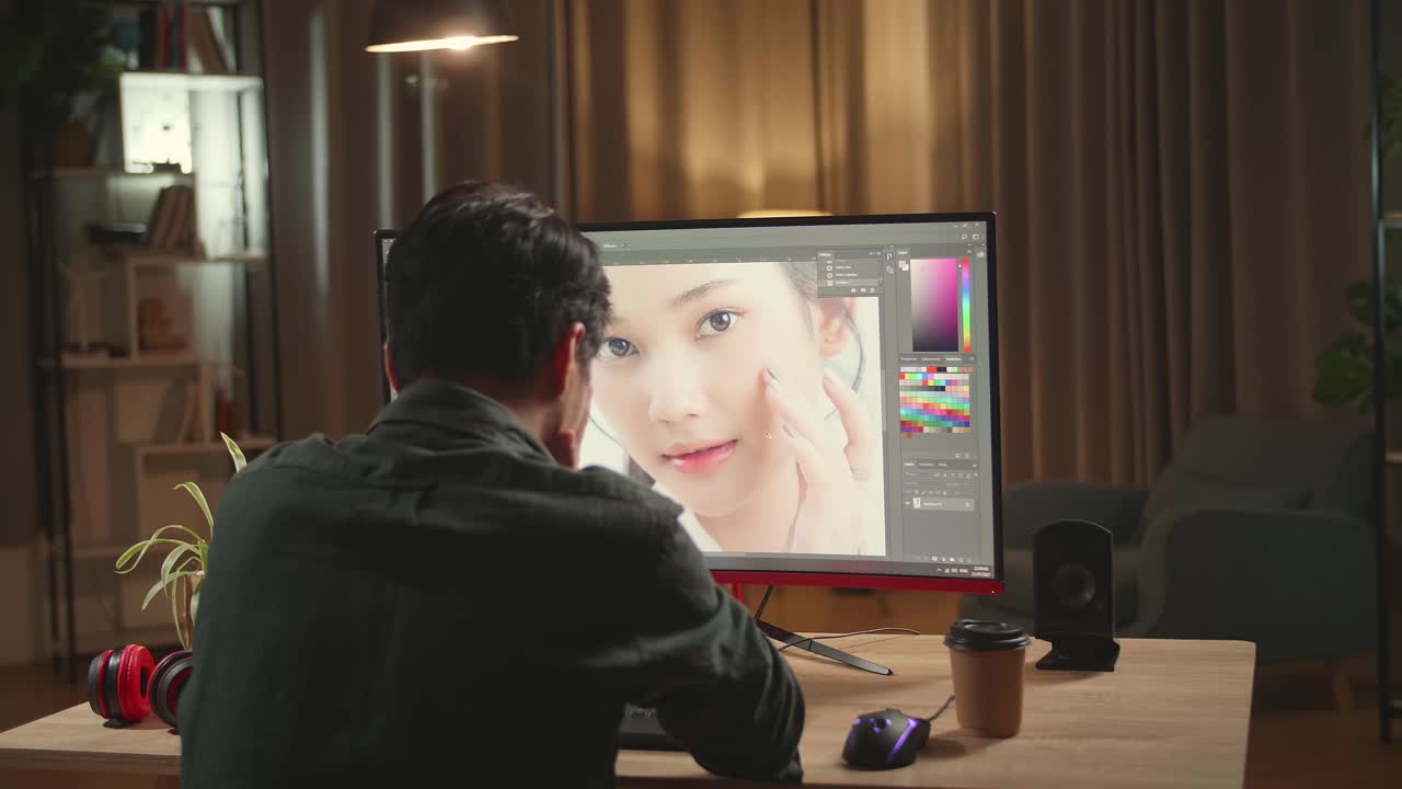 Tired Asian Male Digital Editor Works In Photo Editing Software On His Personal Computer With Big Display, He Works At Night