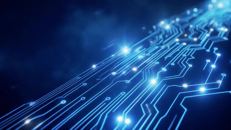 Scheda Madre Digitale con Dati Luminosi che Scorrono Attraverso le Linee