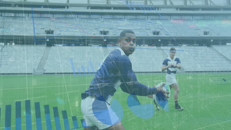 animación del procesamiento de datos sobre jugadores de rugby durante un partido de rugby en un estadio deportivo