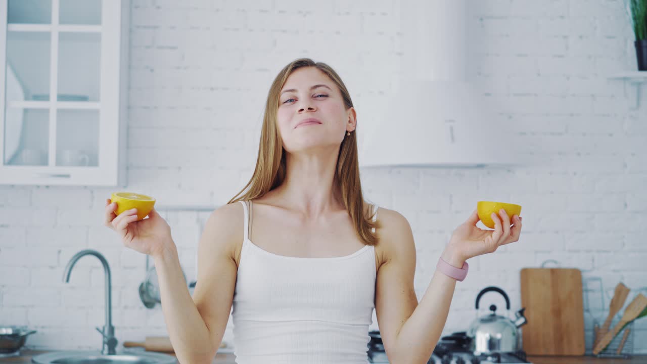 Lovely woman in the modern kitchen. Young happy female holding halves of oranges and closes her eyes by them. Healthy lifestyle.
