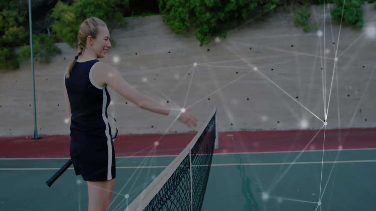 female tennis player extending hand at net in sports tech scene showing network graphic overlay