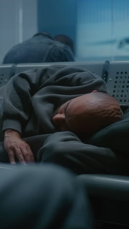 tired traveler sleeping in airport lounge