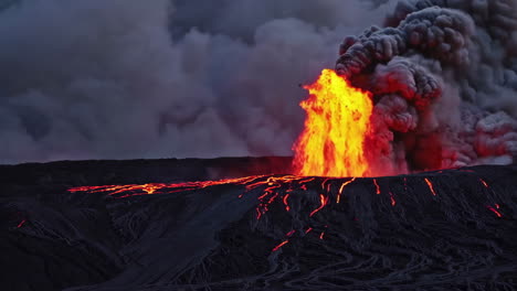 dramatic volcanic eruption with flowing lava and ash plume