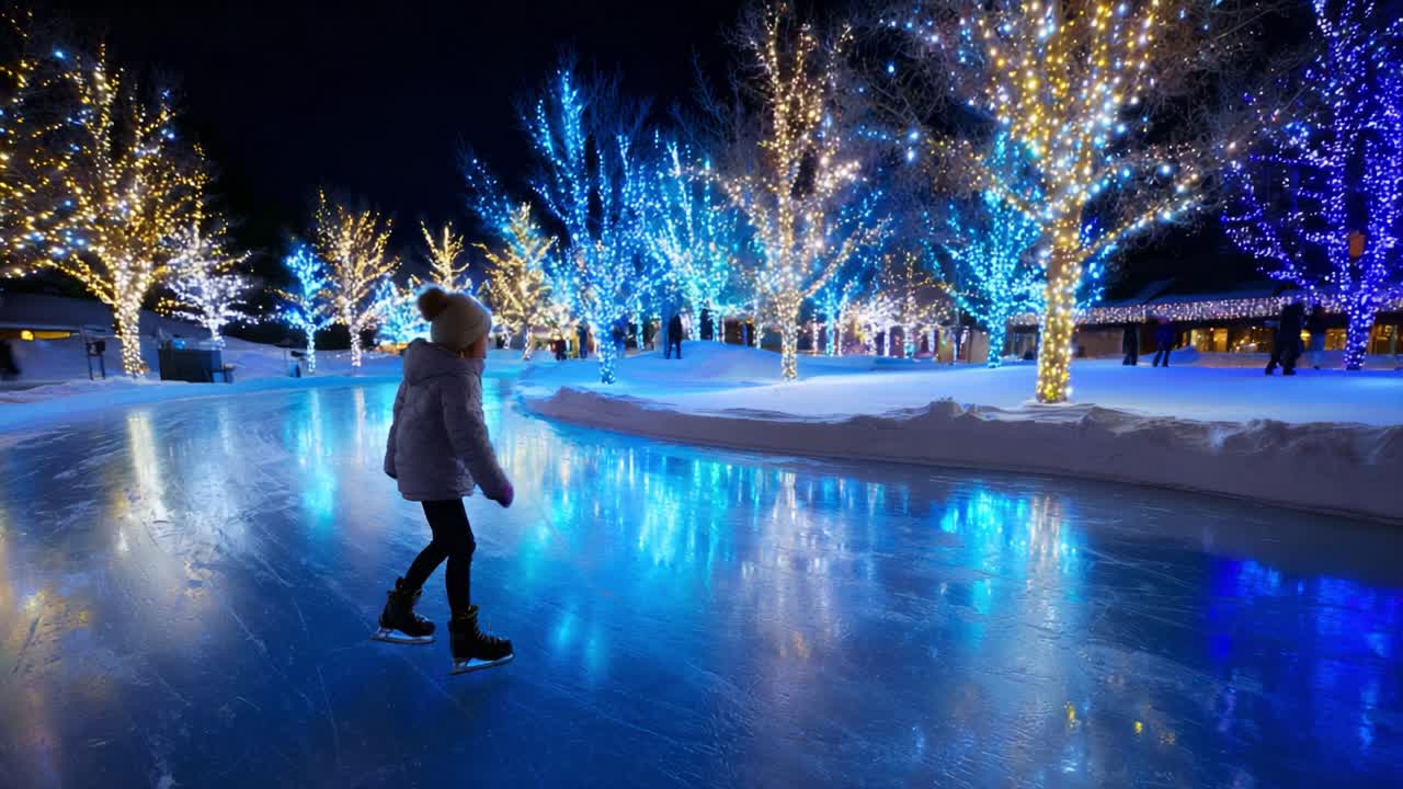 Enchanting Ice Skating Evening: A Child Gliding Gracefully Amidst Twinkling Lights and Snow-Covered Trees, Creating a Magical Winter Wonderland Atmosphere Perfect for the Holidays