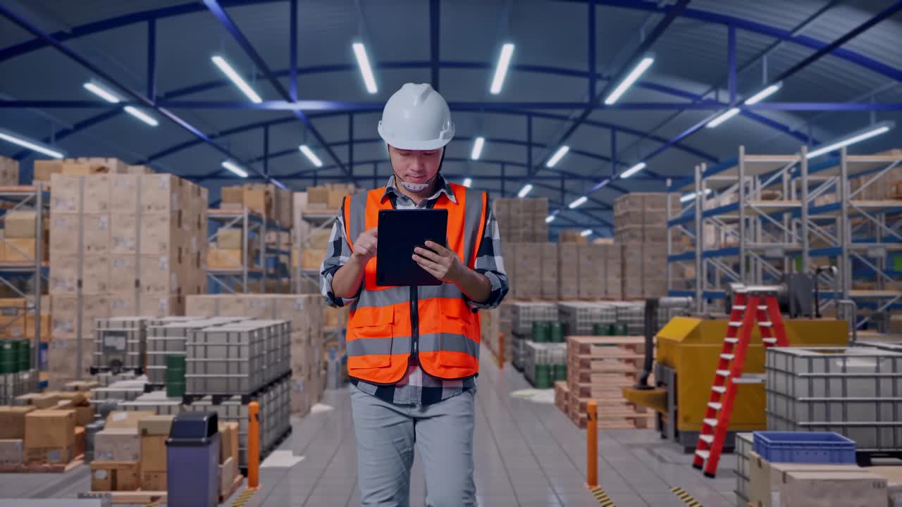 Veduta frontale di un ingegnere asiatico che usa un tablet mentre cammina e ispeziona in un ampio magazzino con file di scaffalature