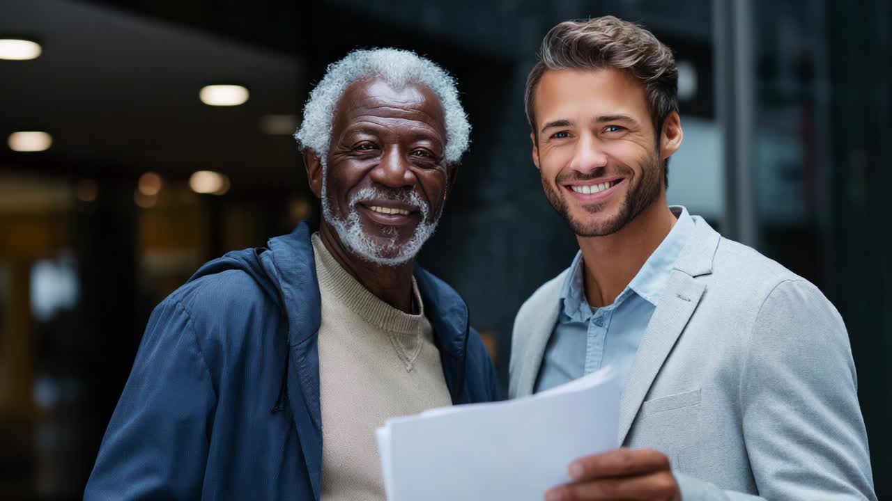 Two individuals, one older and one younger, share a moment of joy and satisfaction while holding papers in a professional setting, showcasing a connection through discussion and collaboration