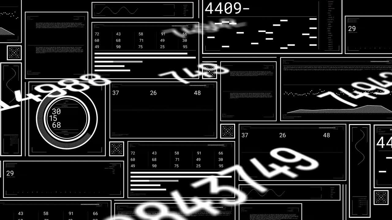 Numeric string appearing at 1s sweeping diagonal UI panels updating metrics fading showing growth