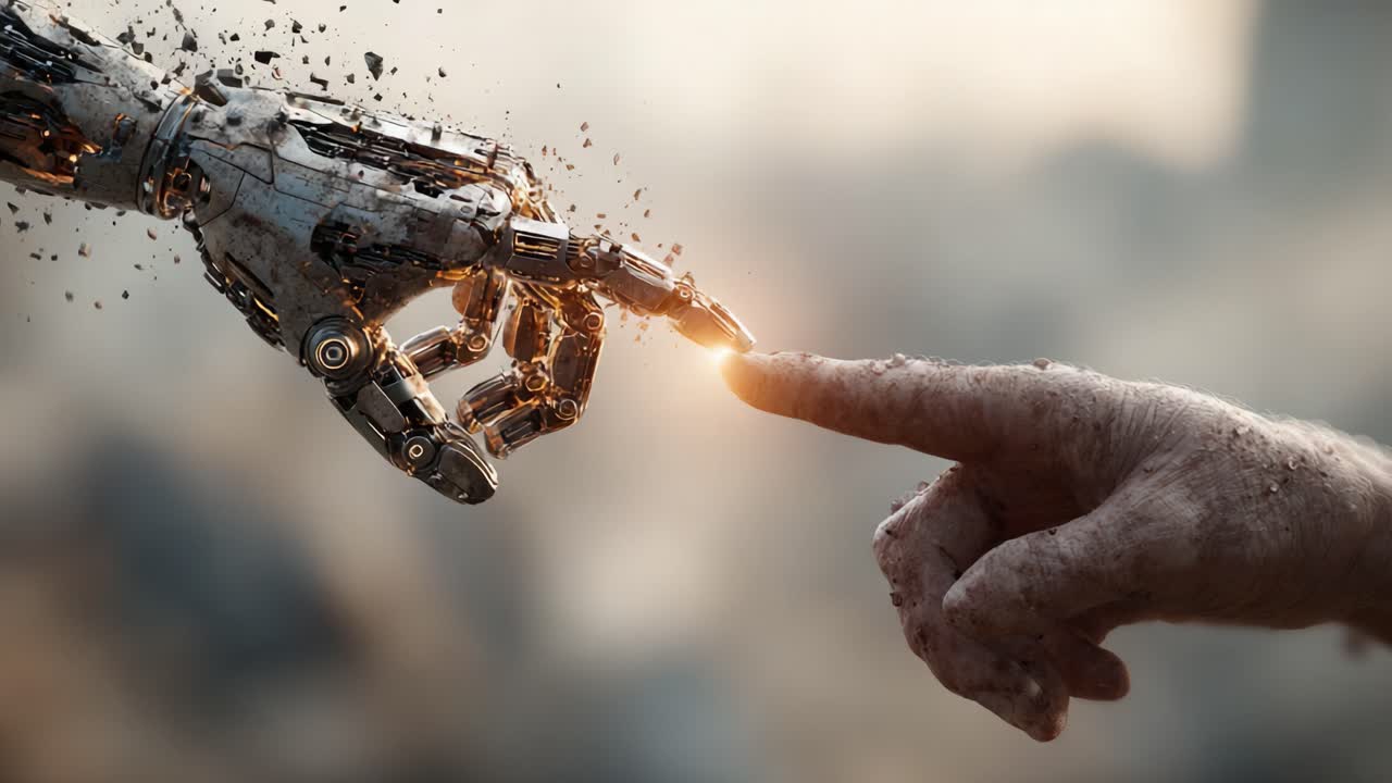 The Artistic Encounter Between Human Touch and Robotic Precision: A Striking Visual of Creation and Connection in a Futuristic World