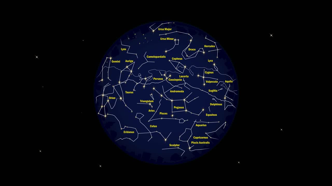 animación que muestra constelaciones de estrellas visibles desde el hemisferio norte o norte para clases de astronomía o ciencia sin título