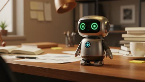 a charming robot assistant engaging with its environment in a cozy workspace setting, showcasing advanced technology and modern design elements