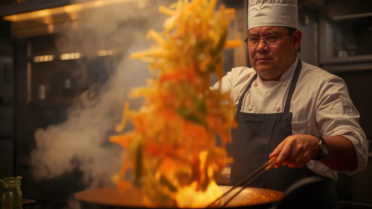 A chef cooking with fire in a wok