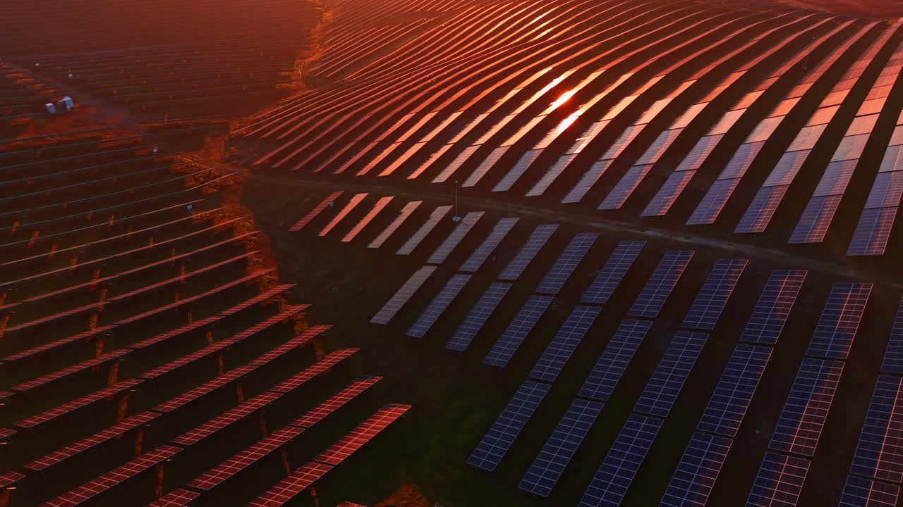 Solnedgang over en stor solcellepark skaber et fantastisk landskab af vedvarende energi, der reflekterer varme, gyldne nuancer
