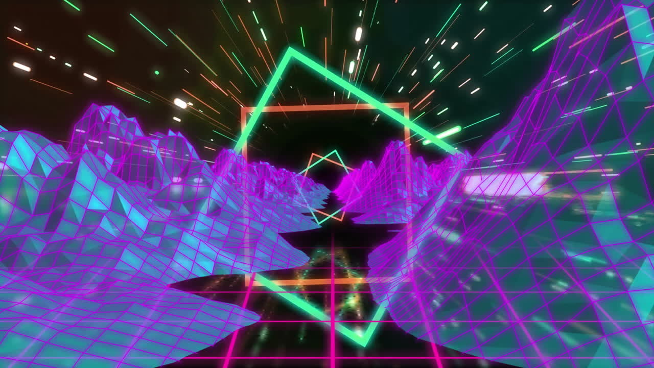 Glowing geometric shapes with dynamic light streaks in neon grid animation