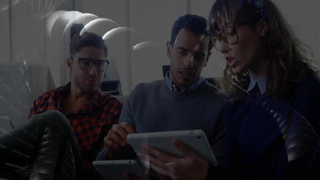 three professionals collaborating on tablets in modern workspace, displaying floating data spheres