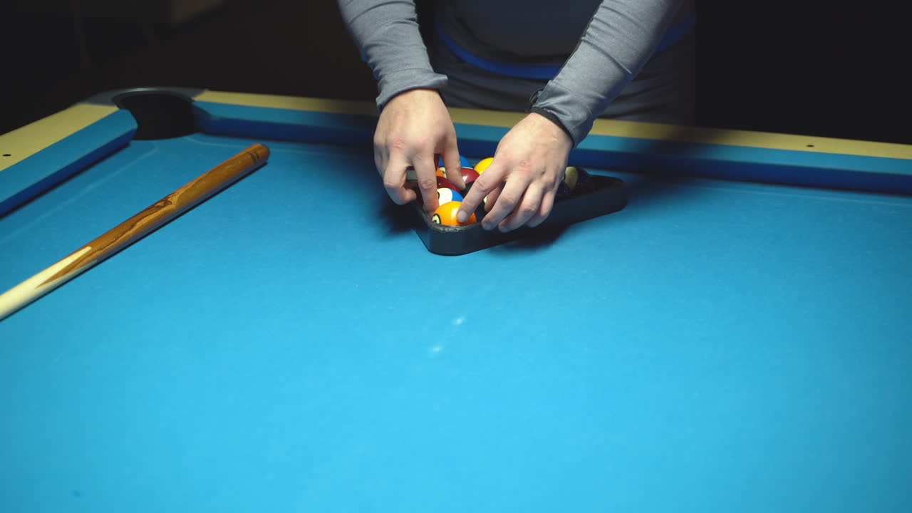 Billiard, preparation. Place balls. Blue table