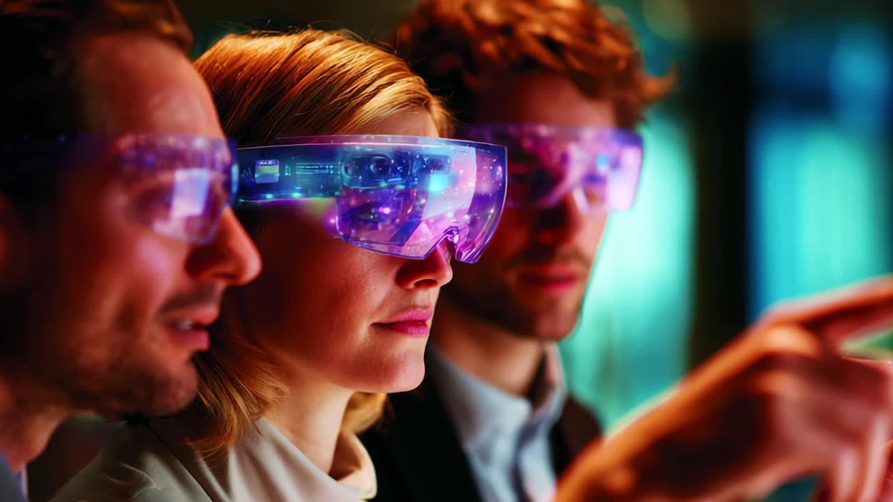 Exploring the Future of Technology: Three Individuals Engage with Interactive Displays While Wearing Advanced Augmented Reality Glasses in a High-Tech Environment