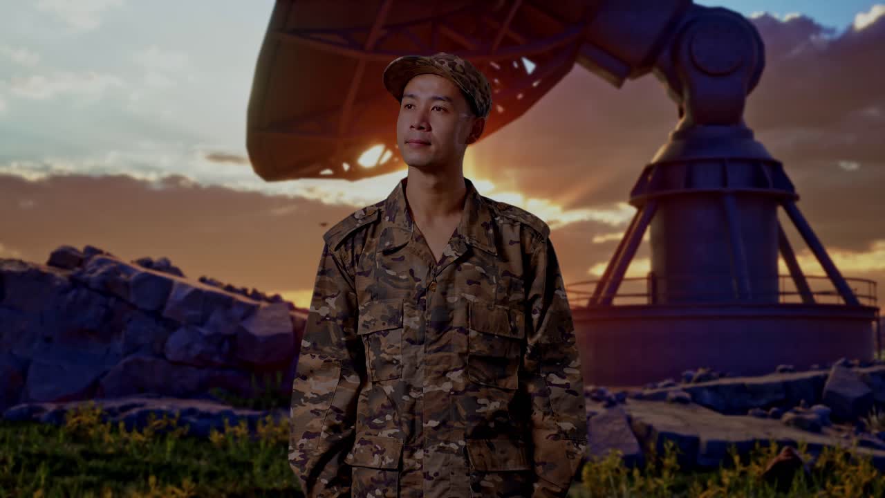 Asian Man Soldier Looking Around While Standing With Satellite Dish