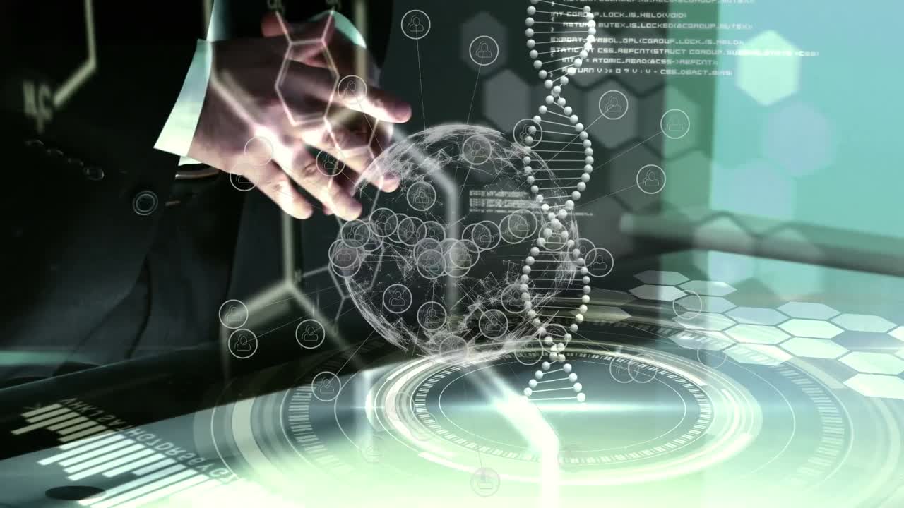 데이터 처리와 함께 연결 네트워크와 dna 스트랜드의 애니메이션 코카시안 사업가