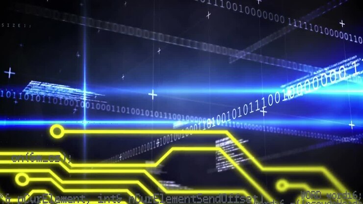 Animation of microprocessor connections and blue light trails against blue background