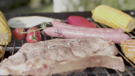 close-up of pork ribs, kebab, corn and cherry tomatoes on grill