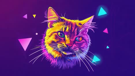 vibrant neon cat illustration with geometric shapes