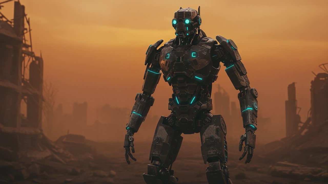 Un Robot Distopico si Erge Solitario tra le Rovine Sotto un Cielo Minaccioso, Evidenziando il Contrasto tra Tecnologia Avanzata e un Mondo Devastato