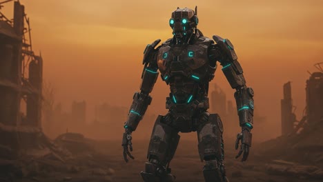 a dystopian robot stands alone amidst ruins under an ominous sky, highlighting the contrast between advanced technology and a devastated world