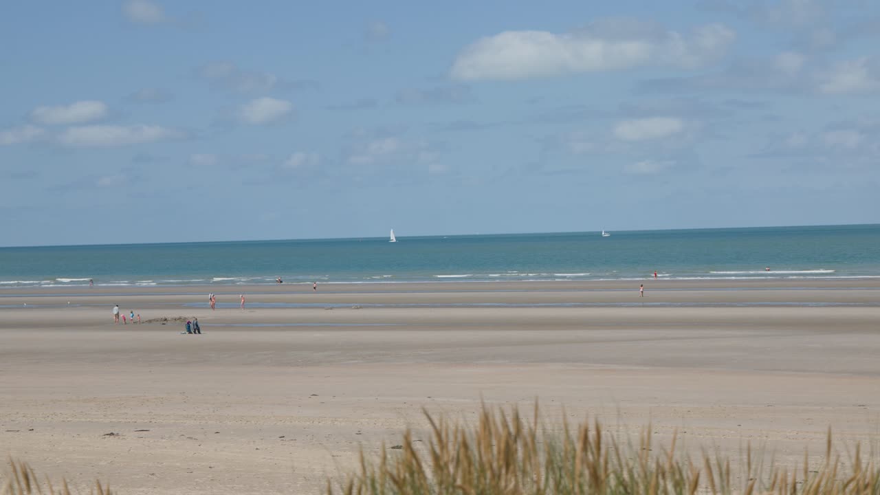 Wide shot of people strolling on tranquil sandy beach, sailboats visible, bright daylight, steady camera
