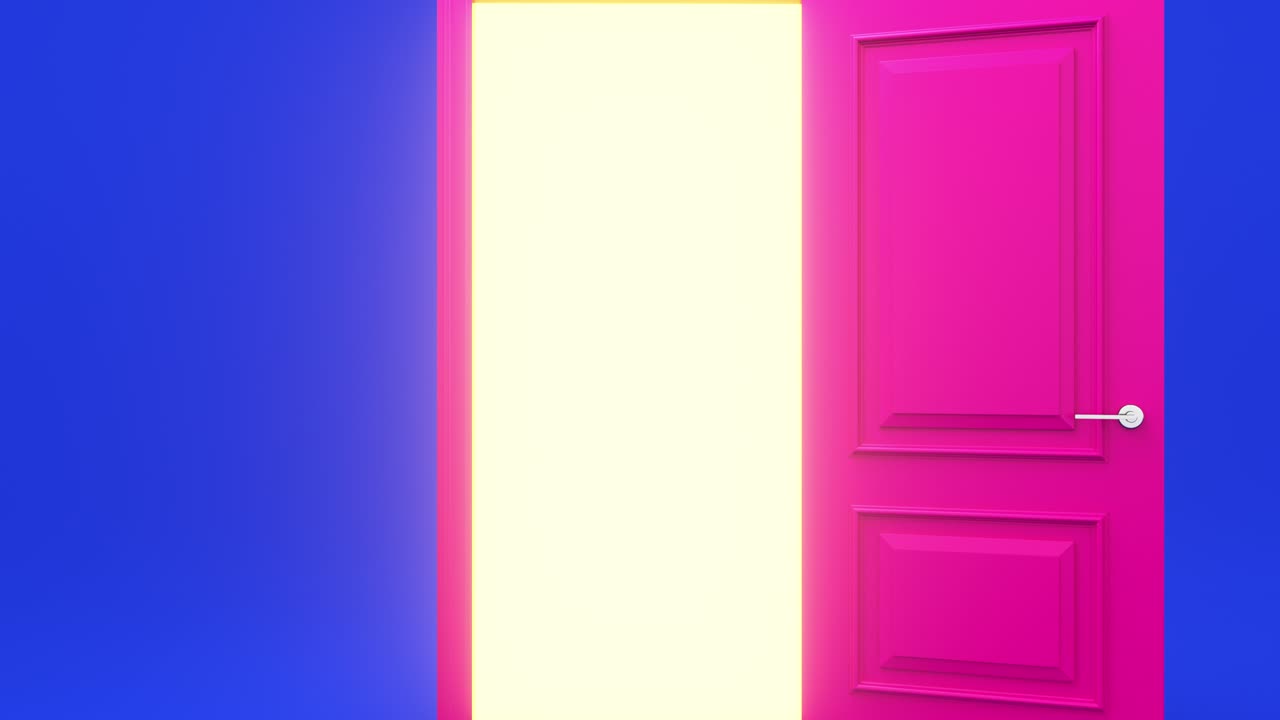 luz amarilla dentro de una puerta rosa abierta aislada en un fondo azul. elemento de diseño interior de la habitación. vuelo hacia adelante, entrando dentro de la puerta. metáfora de posibilidades. animación 3d, 4k