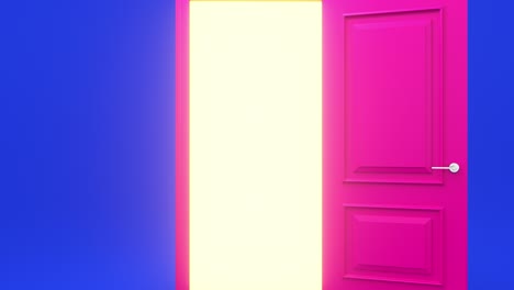 yellow light inside an open pink door isolated on a blue background. room interior design element. flight forward, entering inside the doorway. metaphor of possibilities. 3d animation, 4k