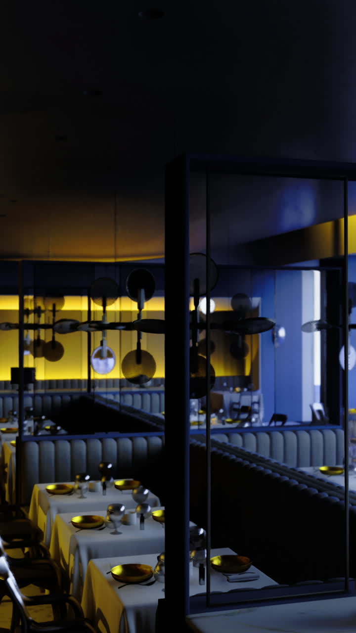 Modern restaurant interior with stylish decor and ambient lighting at dusk